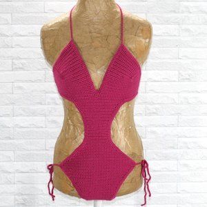 HAND CRAFTED Swimsuit Crochet Monokini Low Cut Boho Magenta Hot Pink Medium